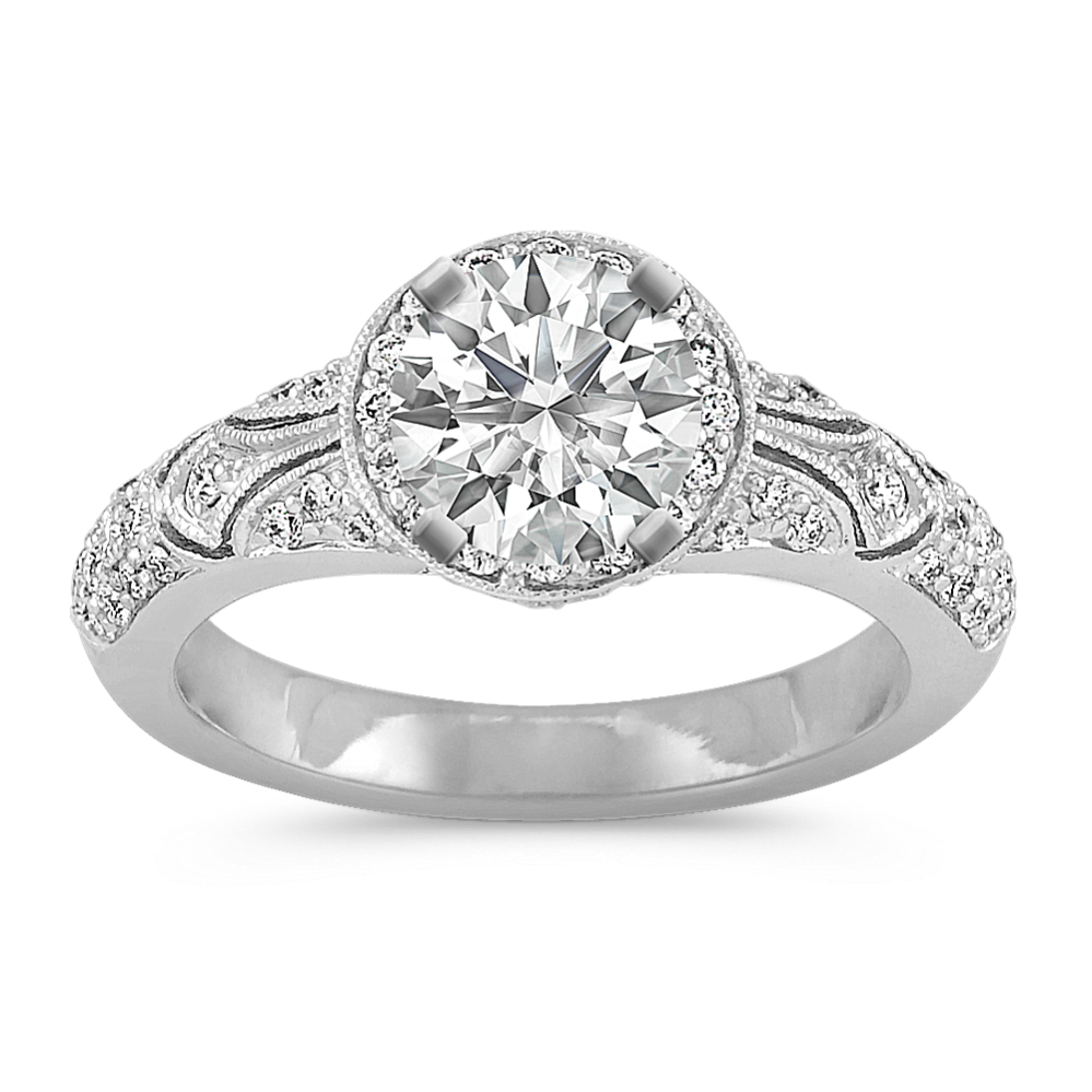 Halo Vintage Round Diamond Engagement Ring with Pave Setting