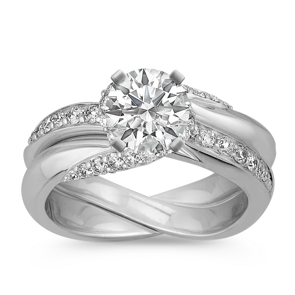 Swirl Diamond Wedding Set with Pave-Setting in 14k White Gold