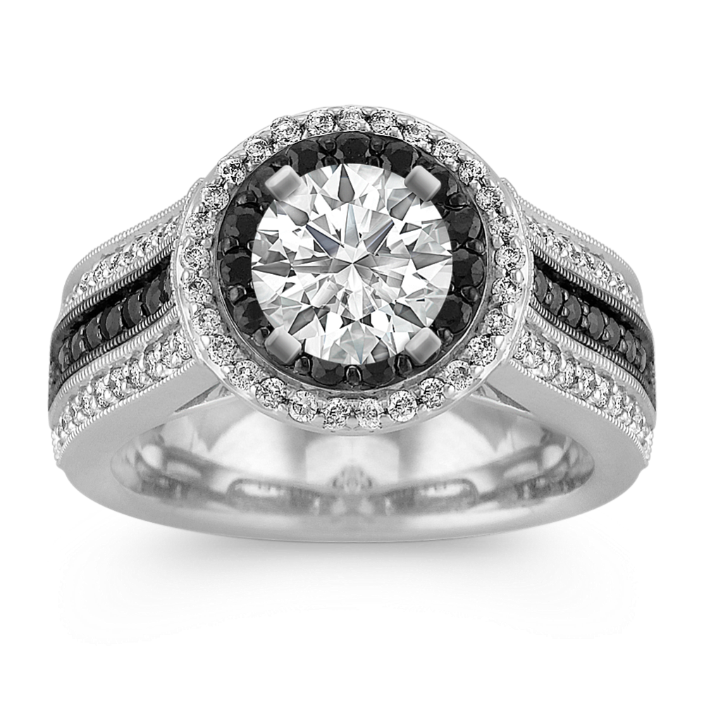Halo Round Black Sapphire and Diamond Engagement Ring with Black Rhodium