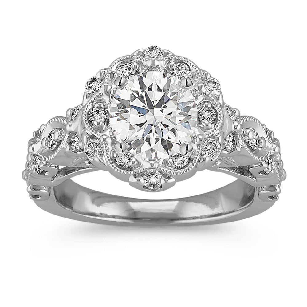 Vintage Floral Halo Diamond Engagement Ring