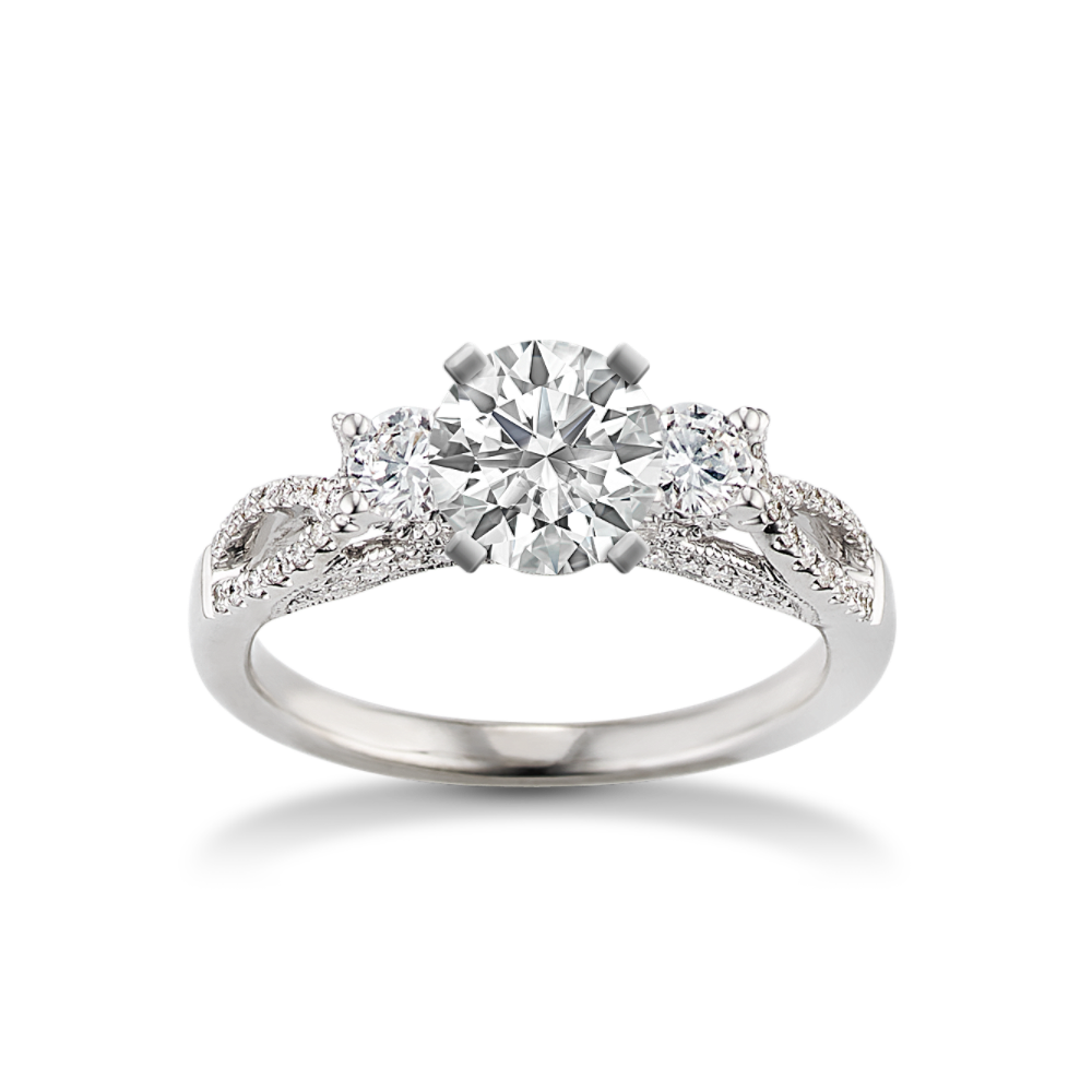 Poesie Three-Stone Swirl Natural Diamond Engagement Ring in 14k White Gold
