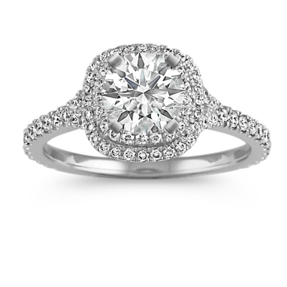 Cushion Double Halo Pave-Set Diamond Platinum Engagement Ring with Brilliant Round Diamond