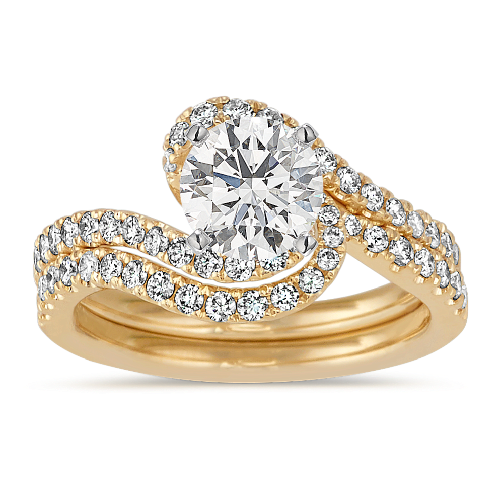 Round Diamond Swirl Wedding Set in 14k Yellow Gold