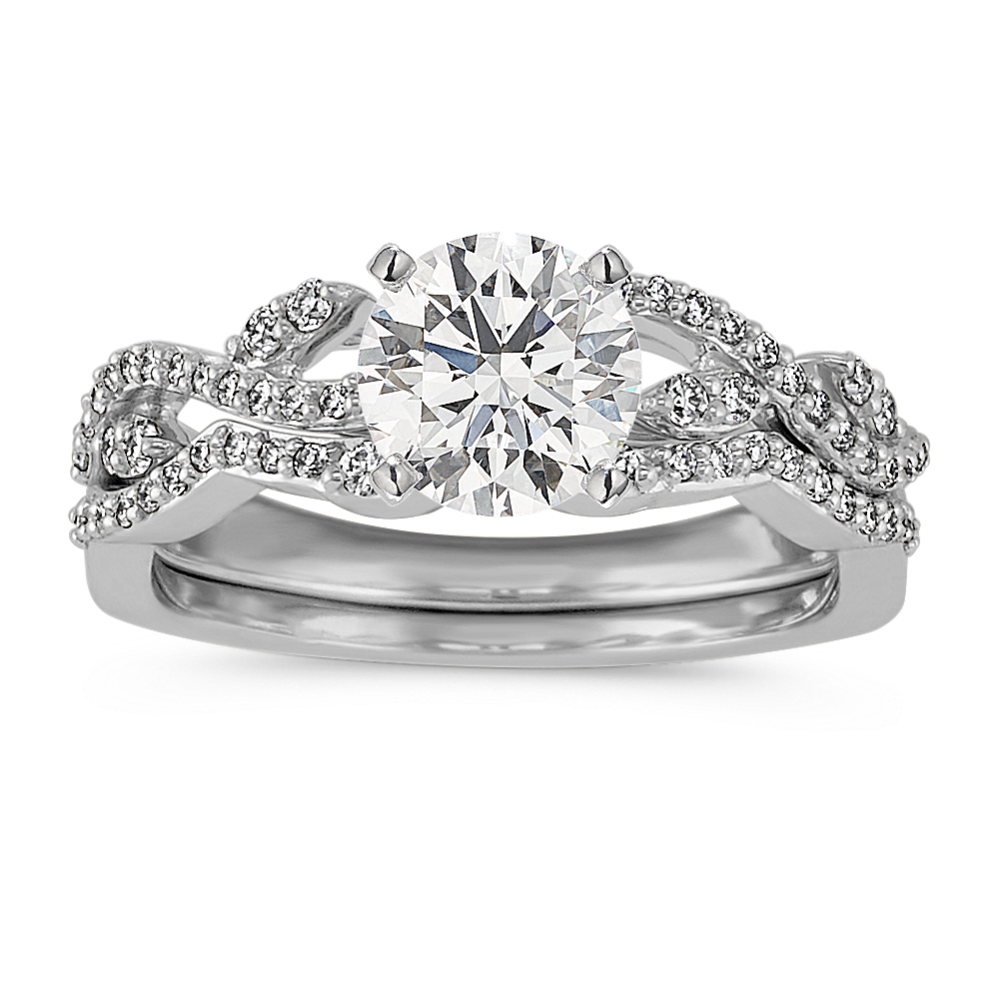 Round Diamond Vine Wedding Set in 14k White Gold