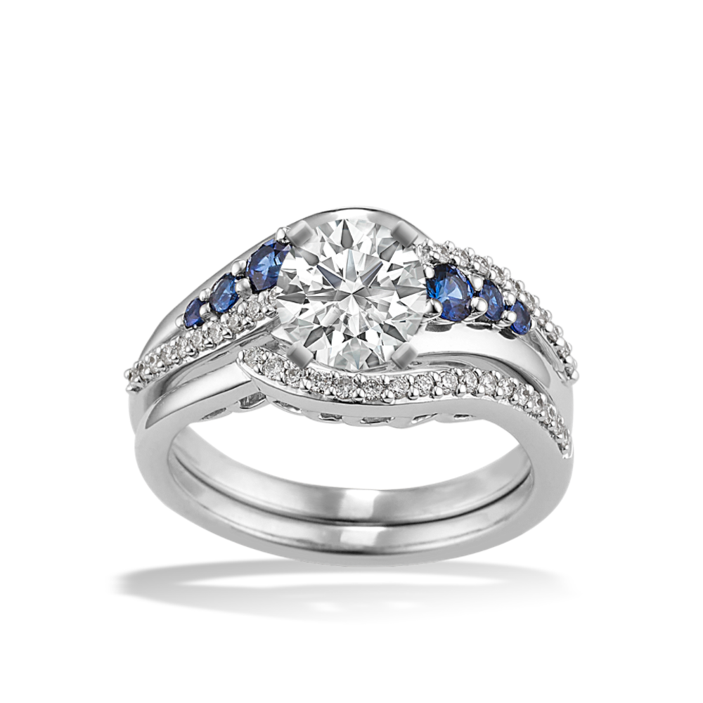 Daphne Round Natural Sapphire and Natural Diamond Wedding Set in 14k White Gold
