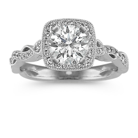 Round Diamond Vintage Halo Engagement Ring in 14k White Gold