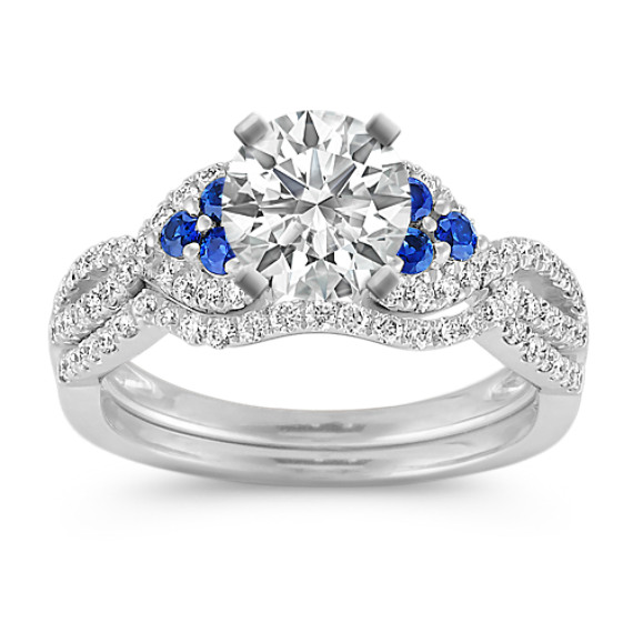Round Sapphire and Diamond Wedding Set with Pave Setting with Brilliant Round Diamond