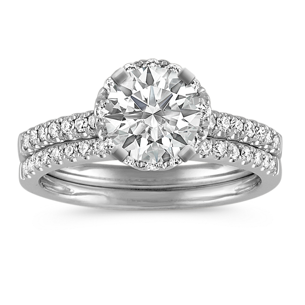 Round Halo Diamond Wedding Set with Pave Setting