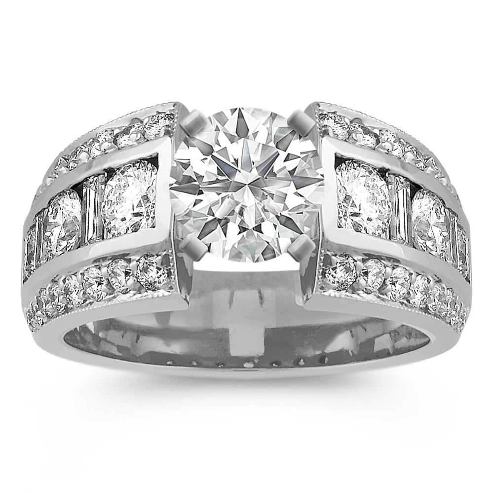 Round and Baguette Diamond Engagement Ring in White Gold