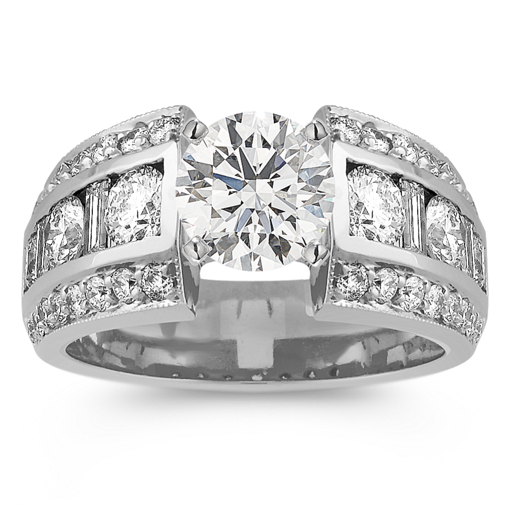 Round and Baguette Diamond Engagement Ring in White Gold
