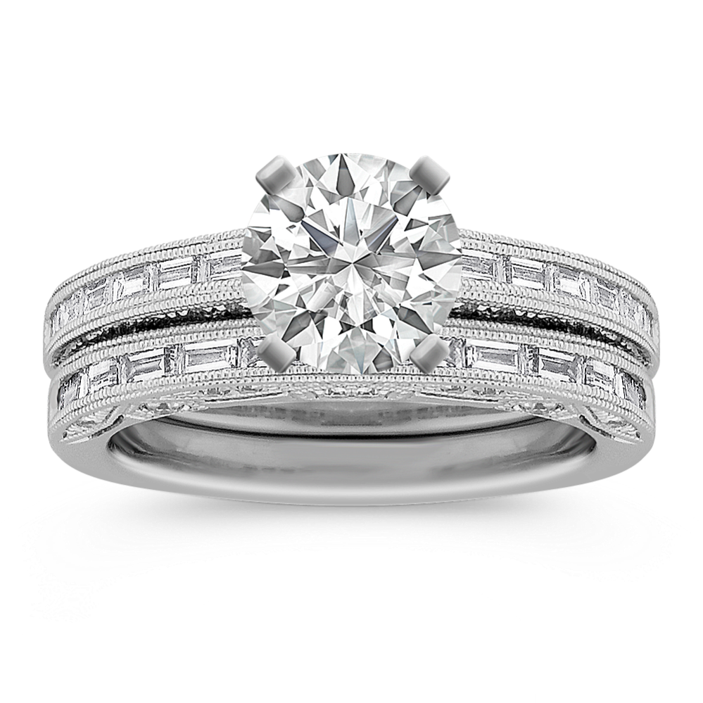 Vintage Baguette and Round Diamond Platinum Engagement Ring
