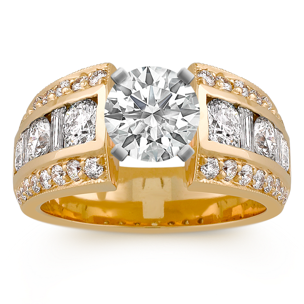 Round and Baguette Diamond Engagement Ring in Yellow Gold