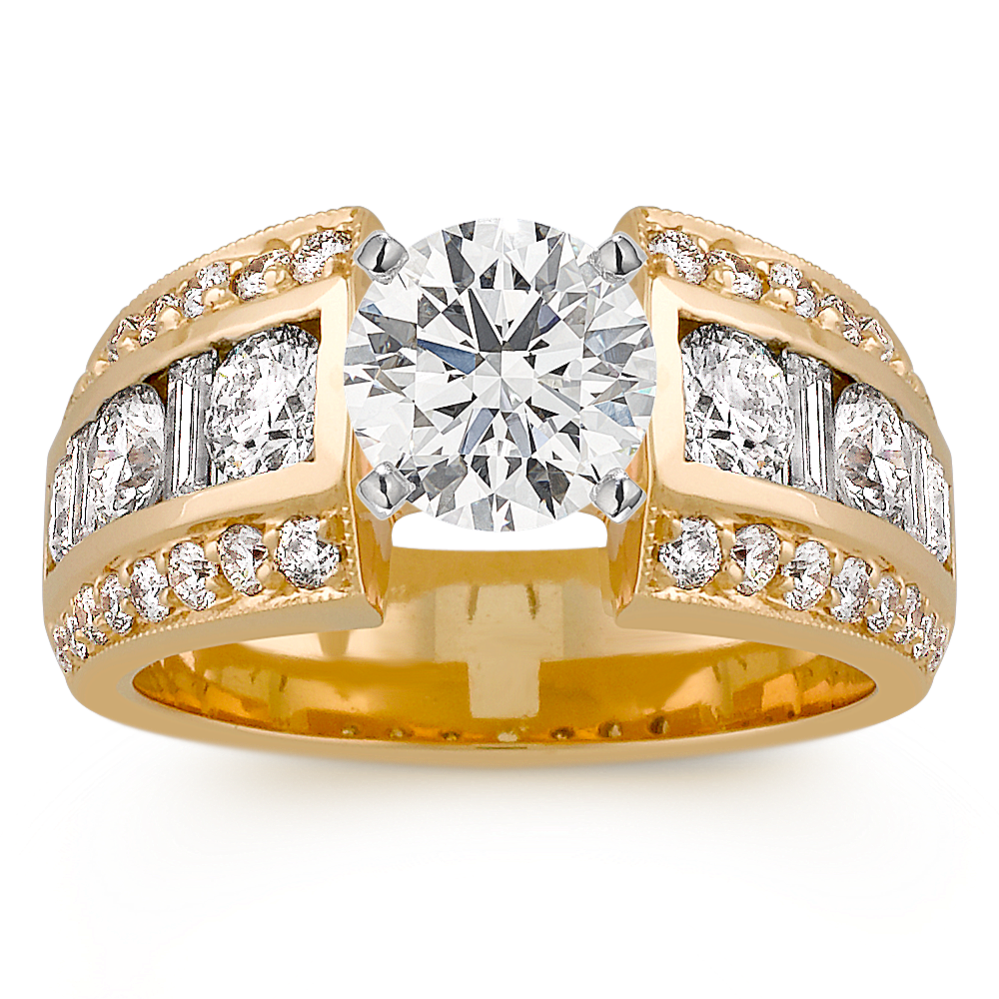 Round and Baguette Diamond Engagement Ring in Yellow Gold