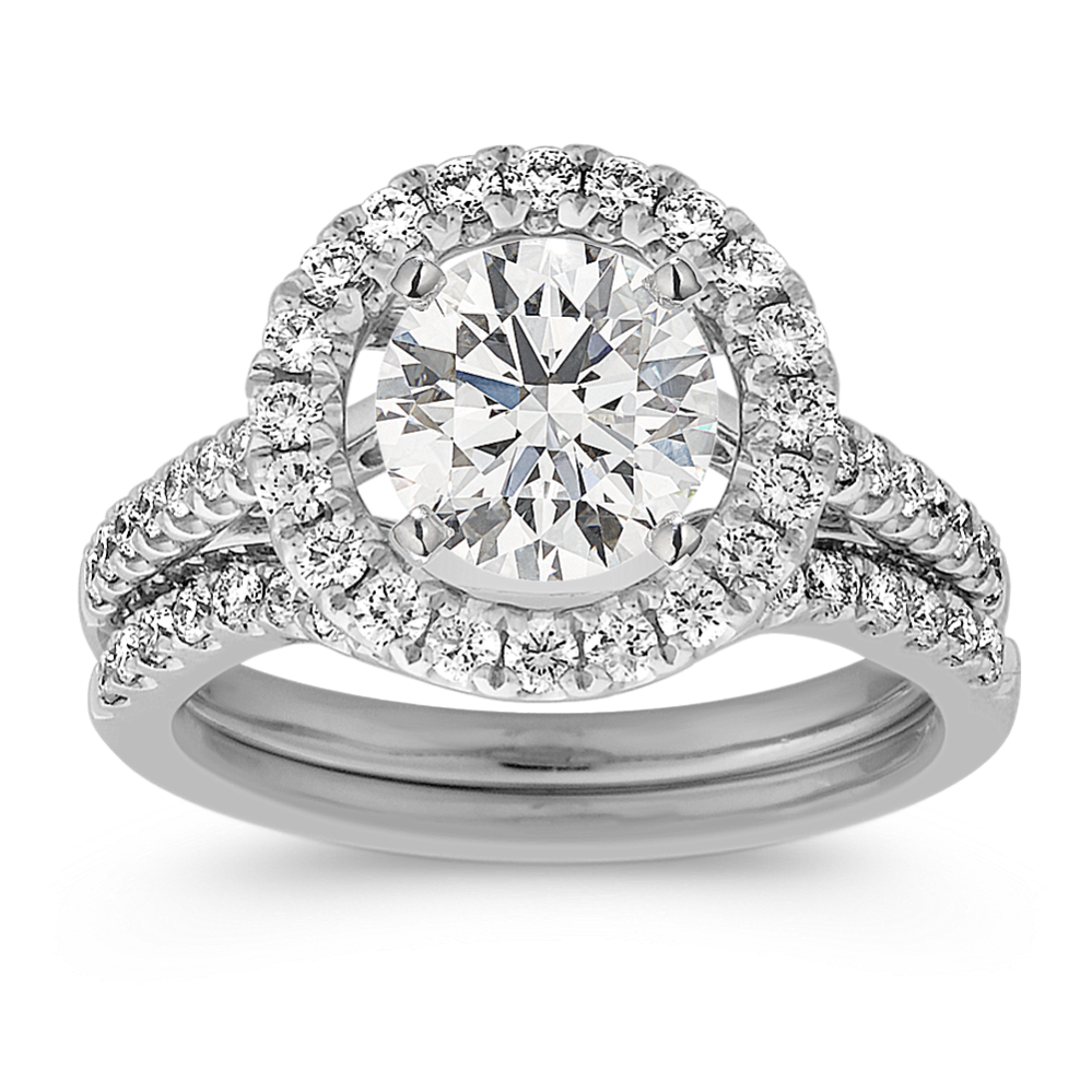 Round Halo Diamond Wedding Set with Pave Setting