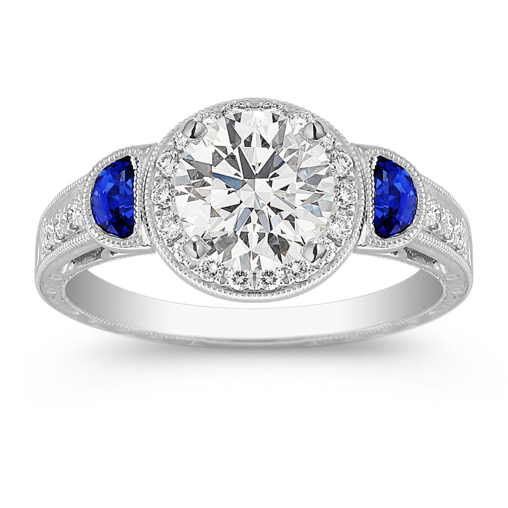 Half Moon Shaped Sapphire & Diamond Engagement Ring