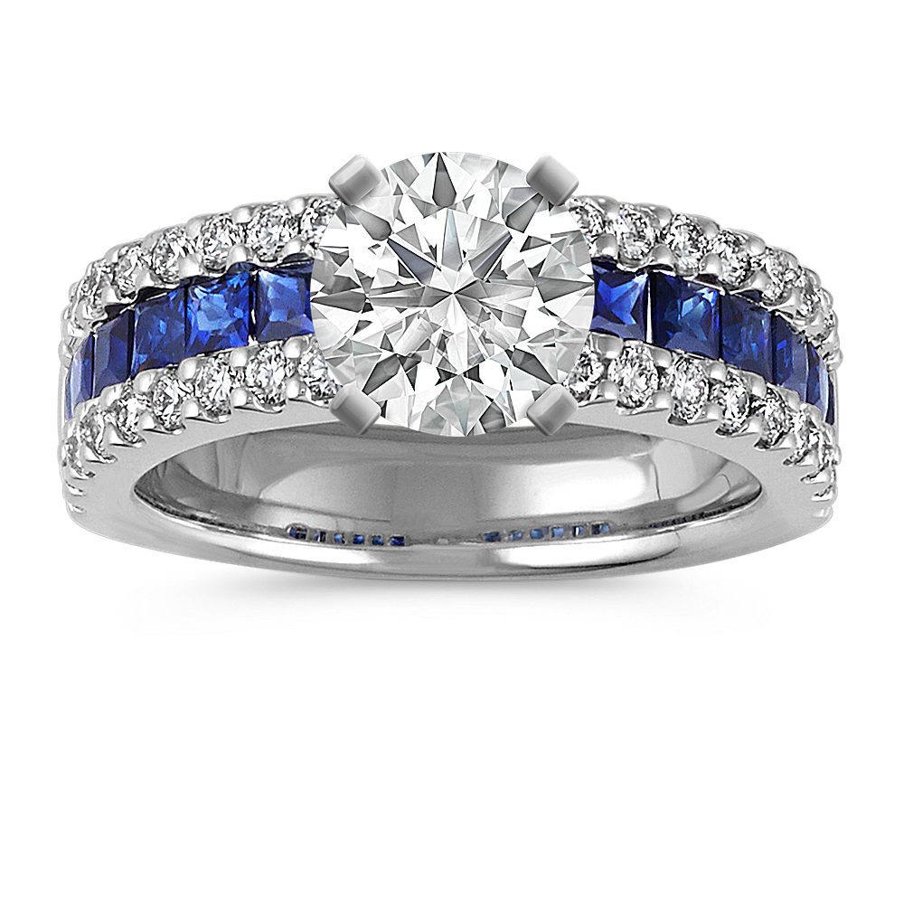 Princess Cut Sapphire and Round Diamond Engagement Ring