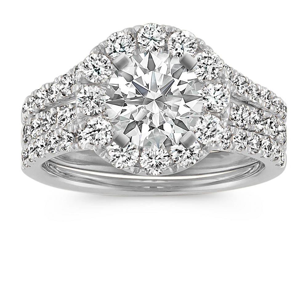 Halo Diamond Wedding Set in 14k White Gold
