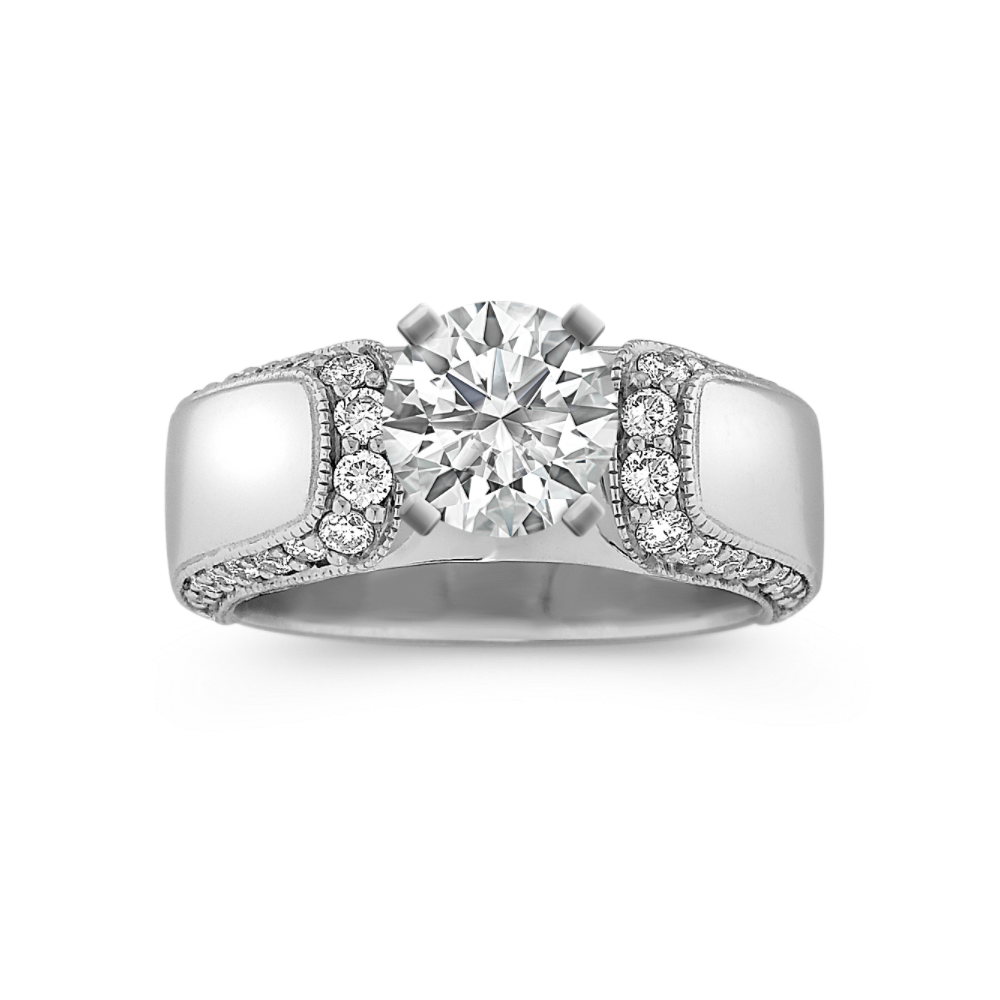 Cathedral Round Natural Diamond Engagement Ring with Pave-Setting