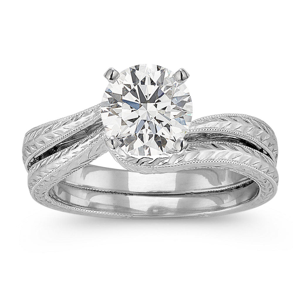 Engraved Swirl White Gold Wedding Set