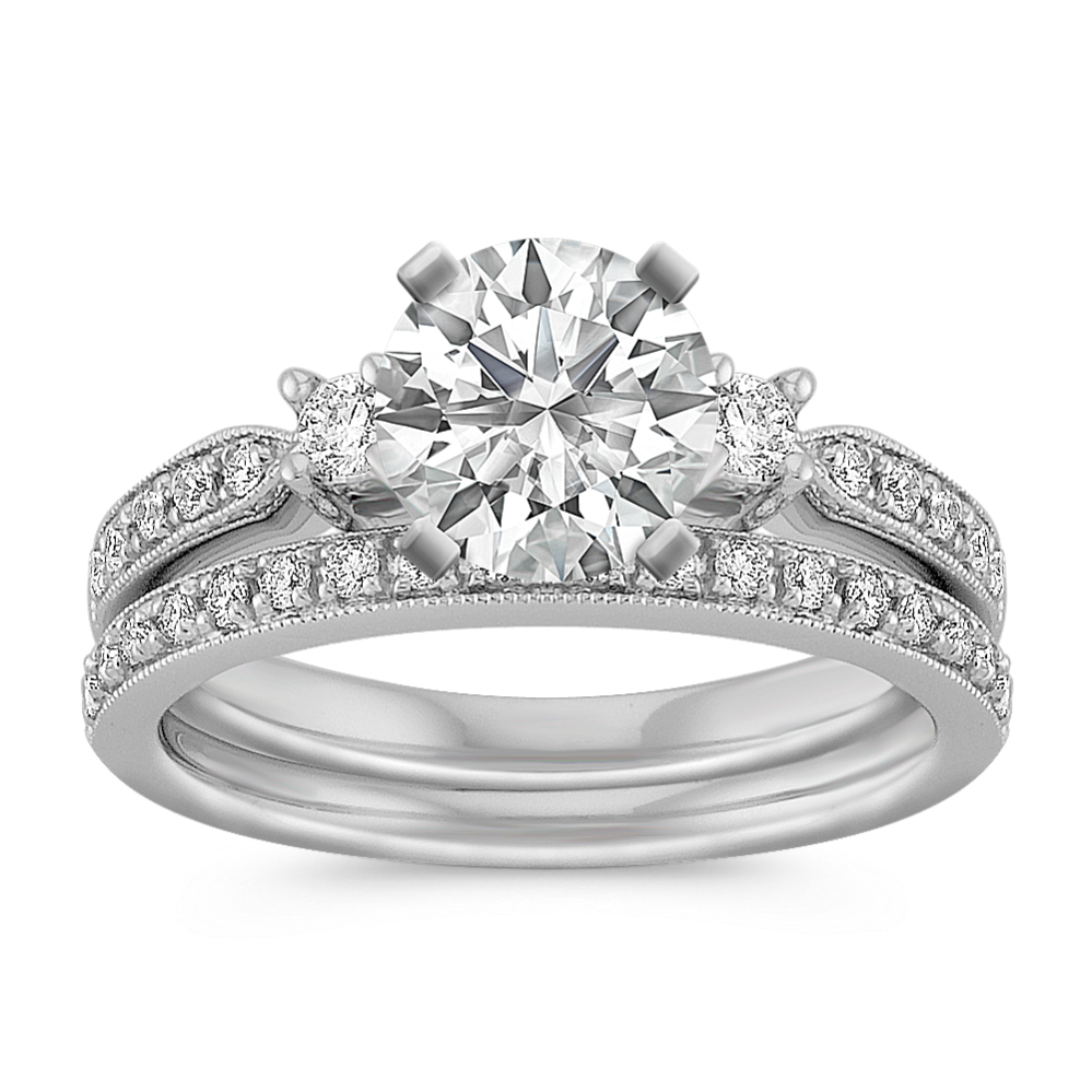 Three-Stone Round Diamond Wedding Set with Pave Setting and Milgrain Detailing