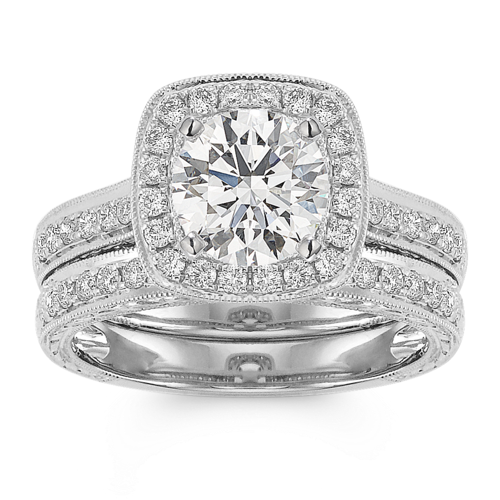 Corsica Halo Vintage Pave Set Diamond Wedding Set in 14k White Gold