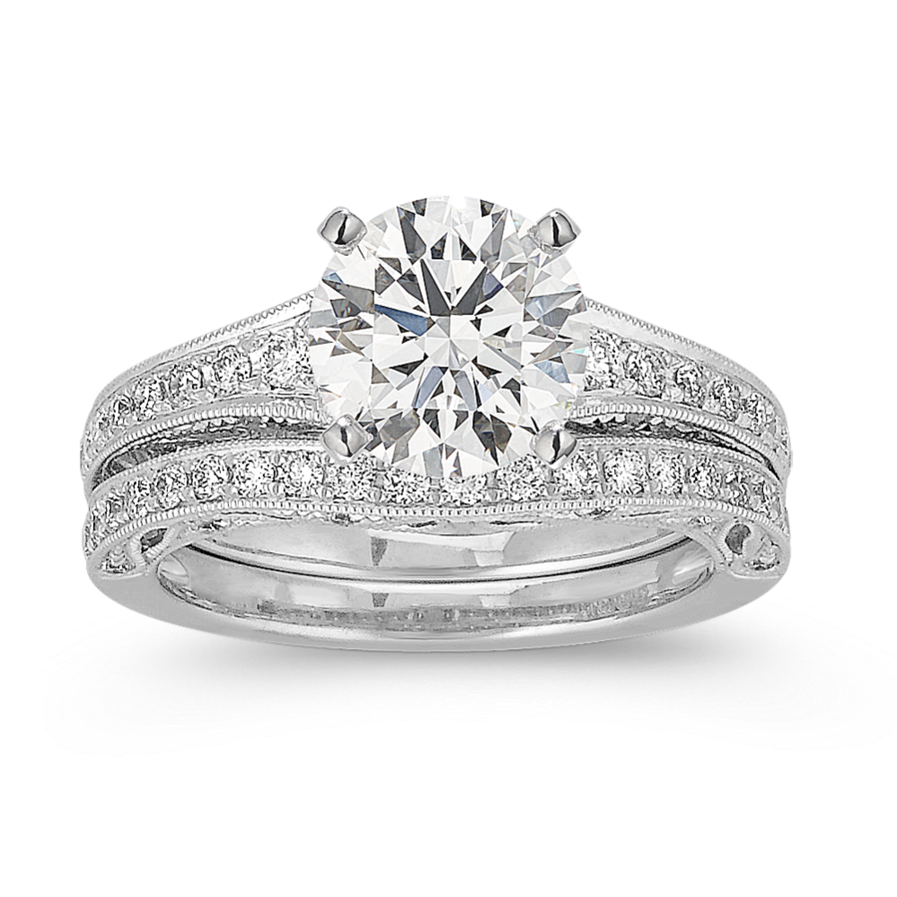 Vintage Pave Set Round Diamond Wedding Set in Platinum
