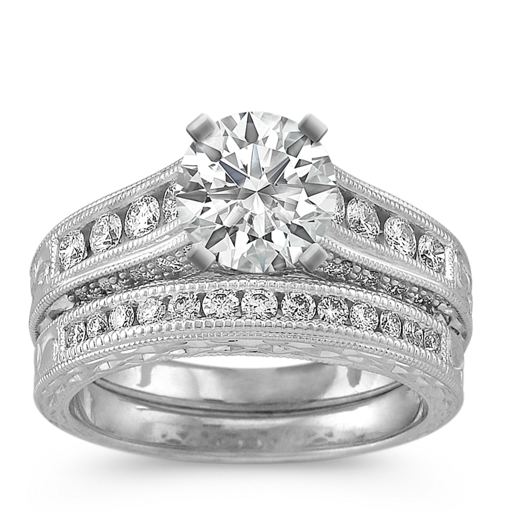 Round Diamond Channel-Set Wedding Set with Engraving