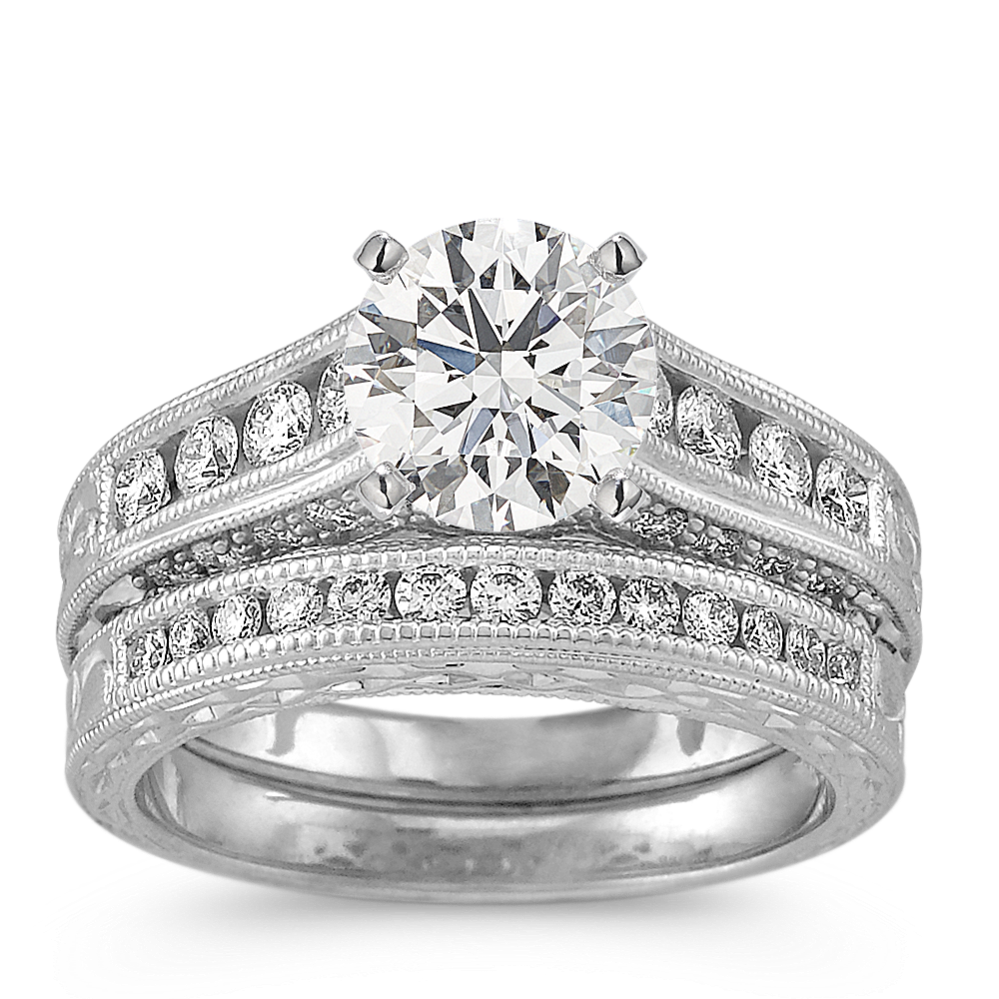 Round Diamond Channel-Set Wedding Set with Engraving