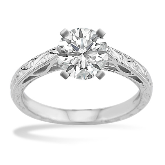 Engraved Cathedral Solitaire 14k White Gold Engagement Ring