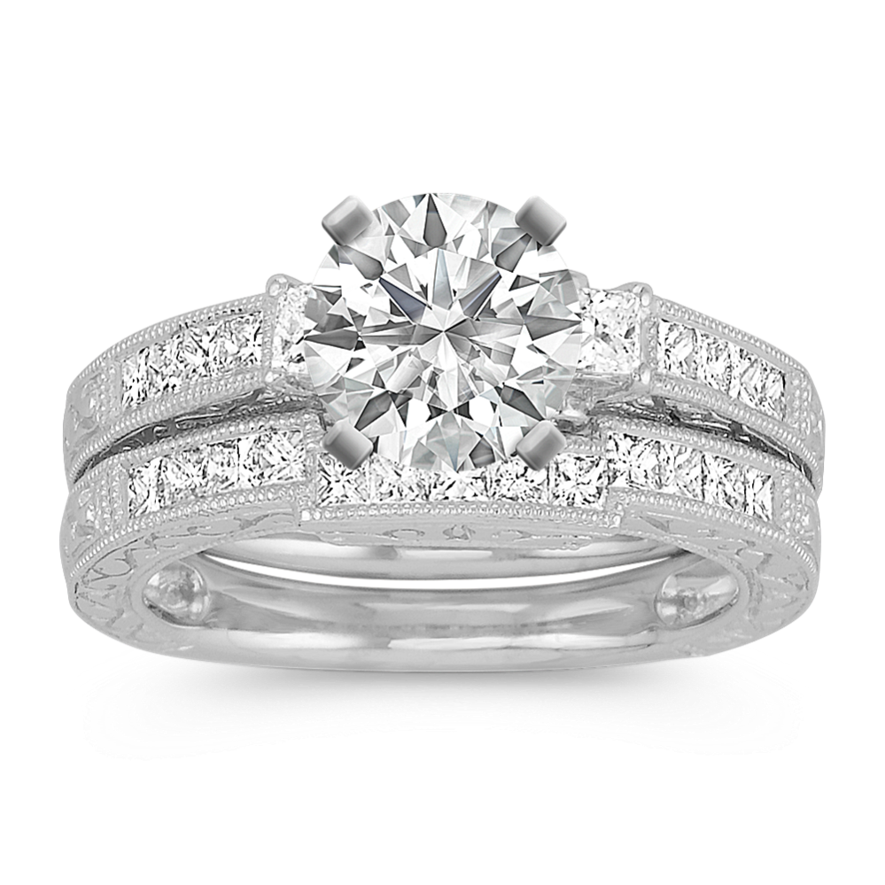 Vintage Princess Cut Diamond Platinum Wedding Set with Channel-Setting