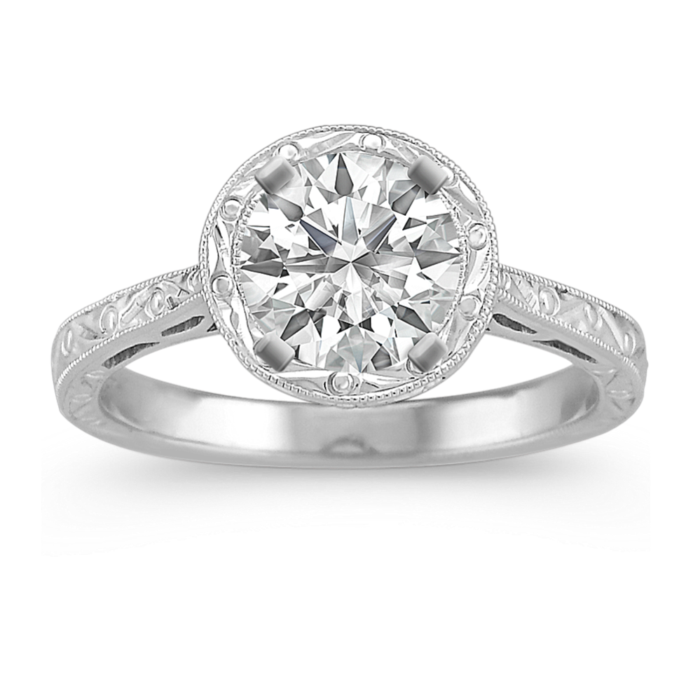 Engraved Round Halo Engagement Ring in 14k White Gold