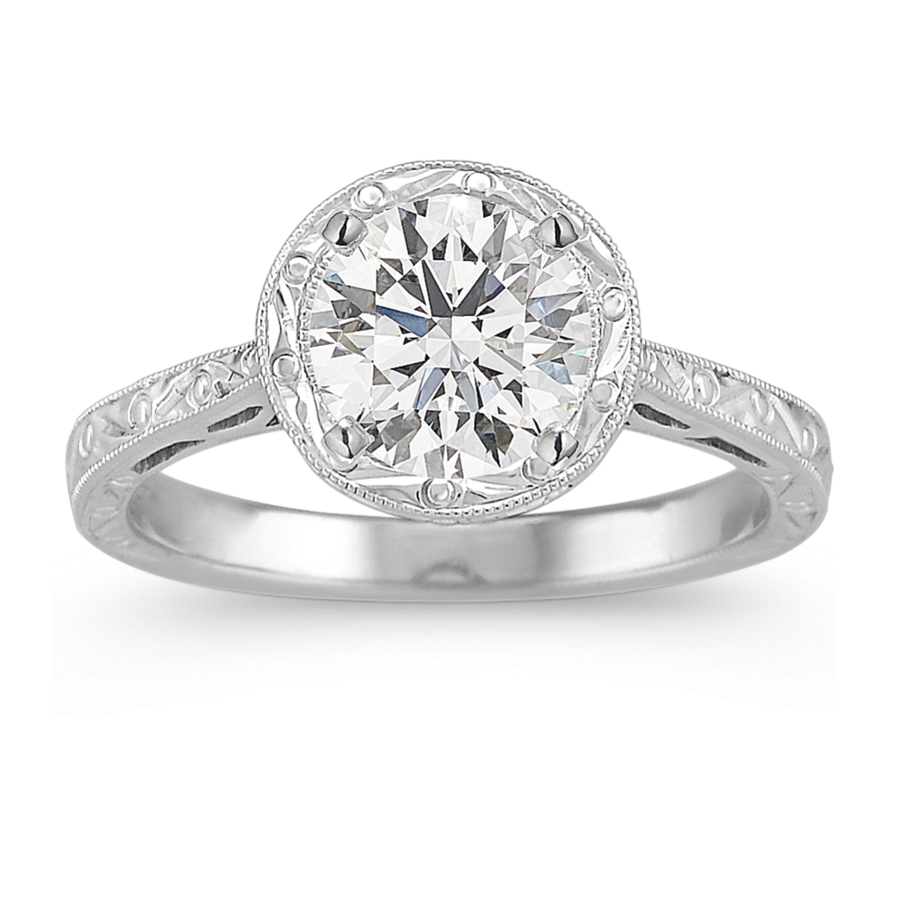 Engraved Round Halo Engagement Ring in 14k White Gold