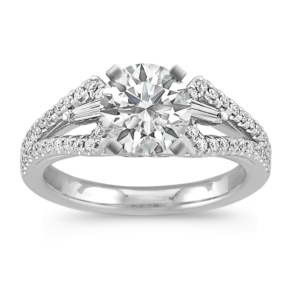 Baguette and Round Diamond Engagement Ring with Pave Setting