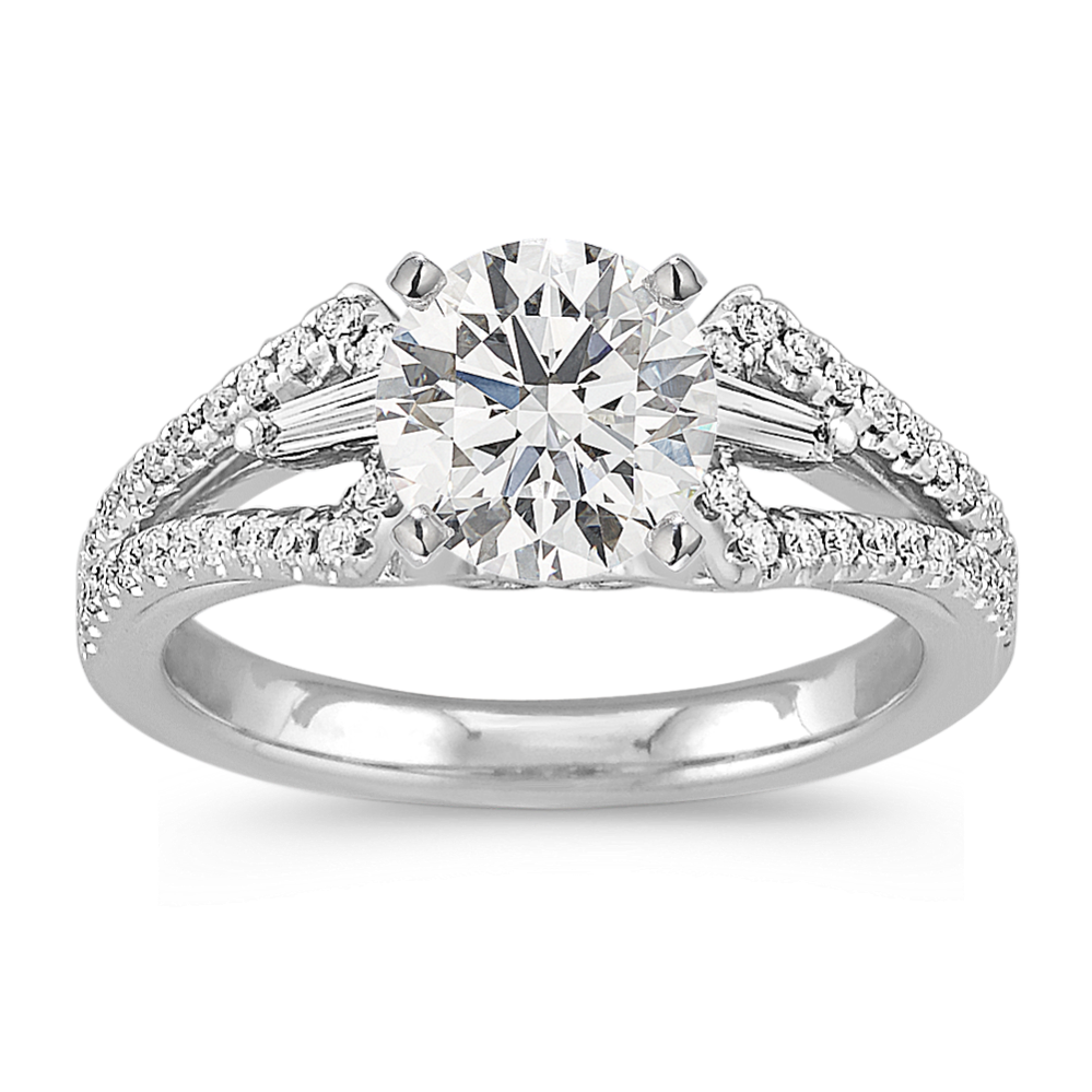 Baguette and Round Diamond Engagement Ring with Pave Setting