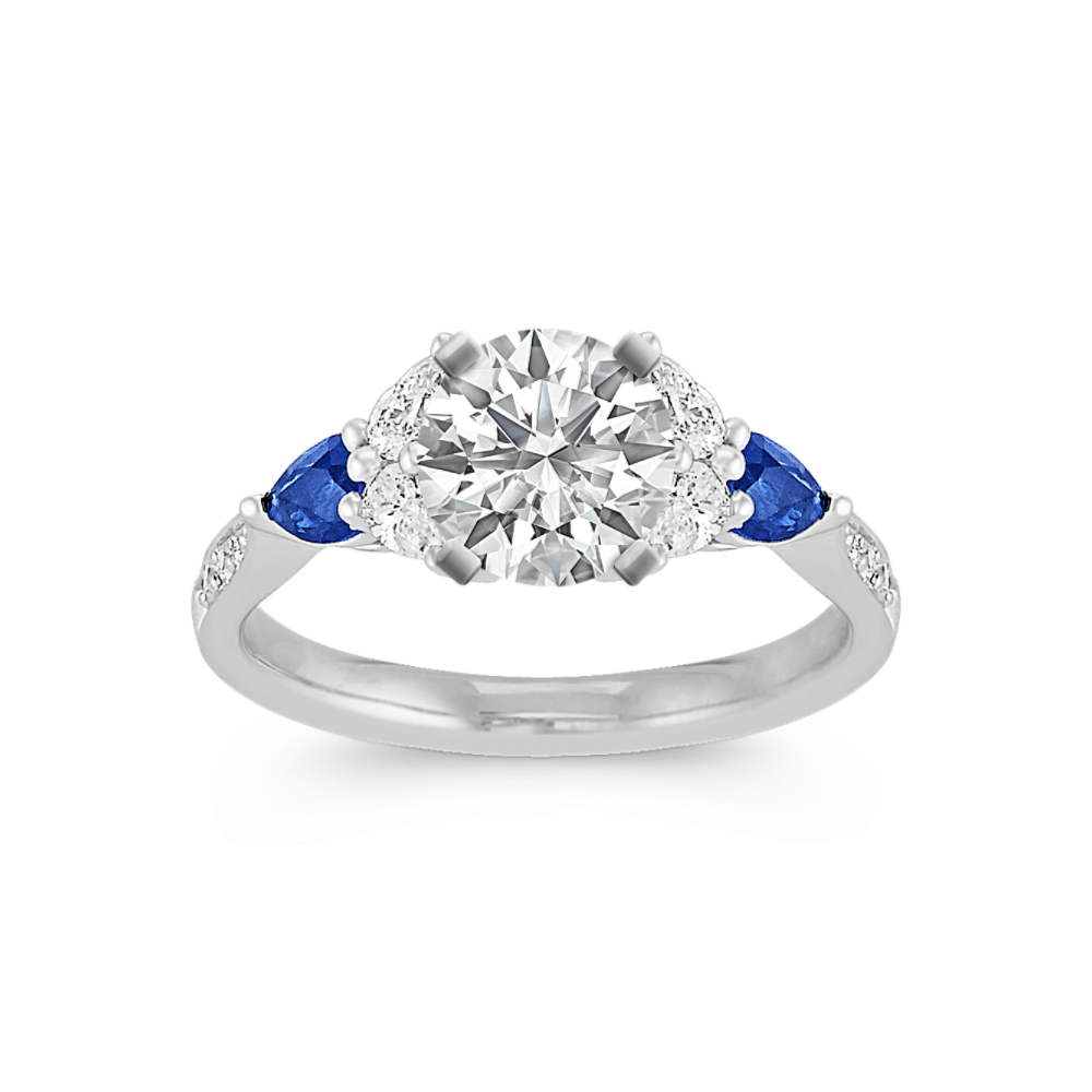Pear-Shaped Natural Sapphire and Pear-Shaped and Round Natural Diamond Engagement Ring