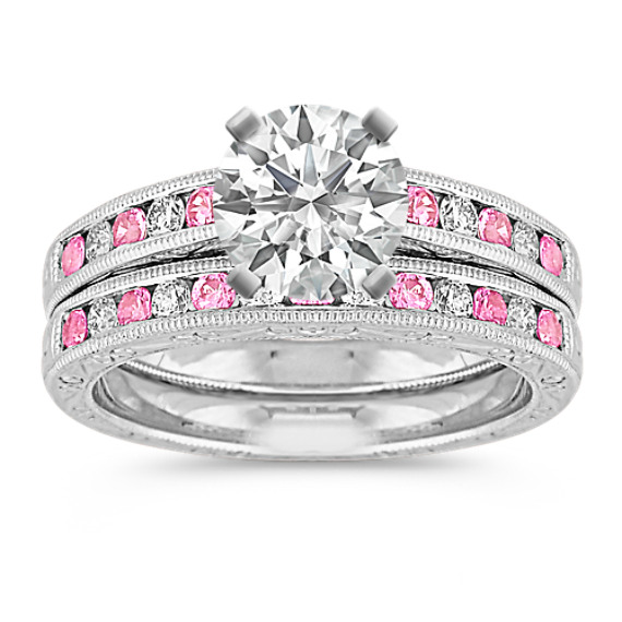 Vintage Round Pink Sapphire and Diamond Wedding Set