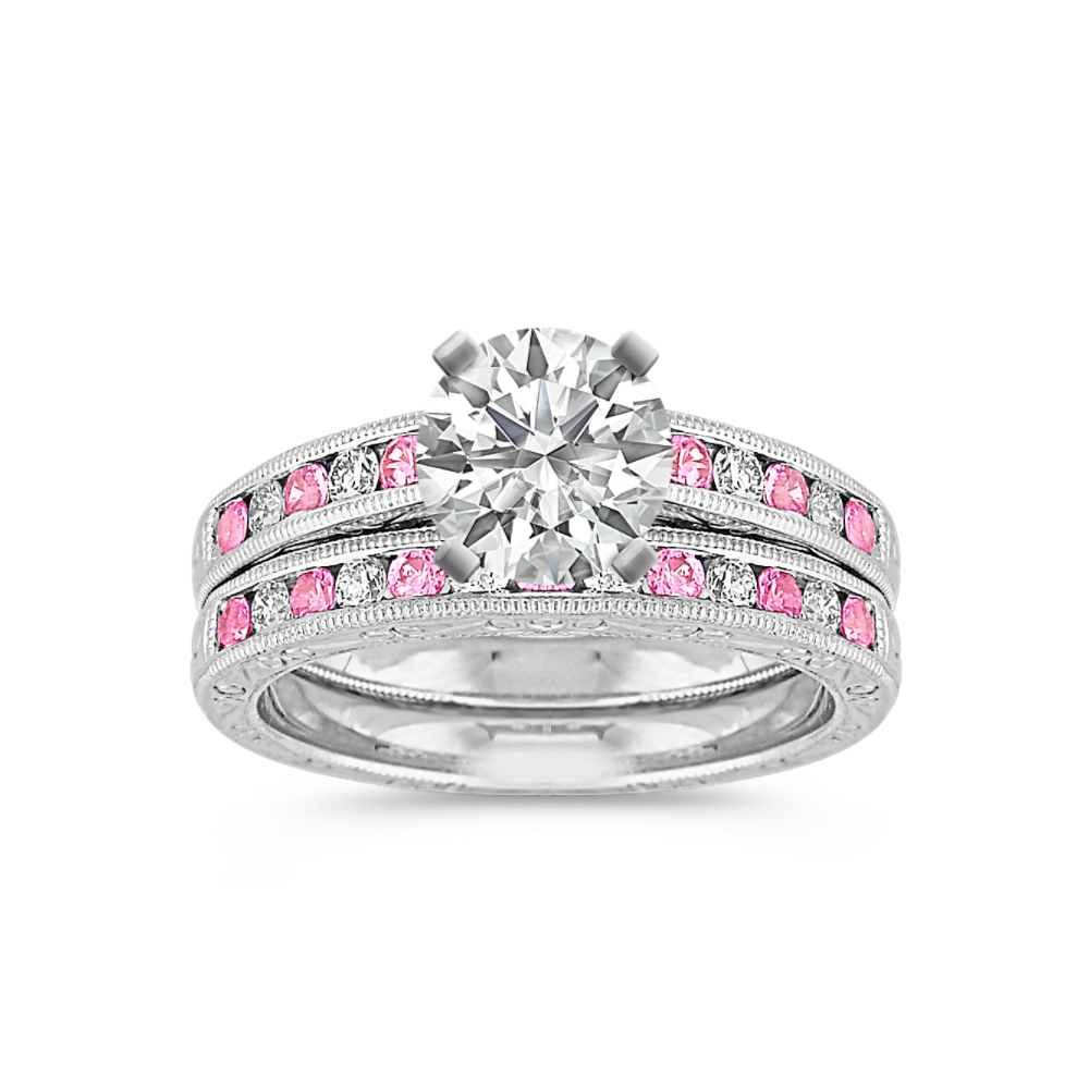Vintage Round Pink Natural Sapphire and Natural Diamond Wedding Set