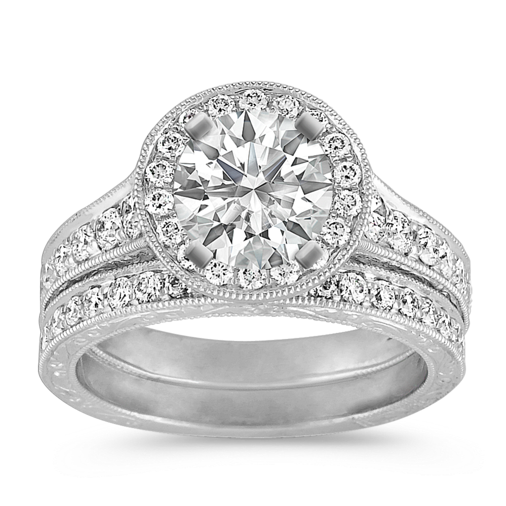 Vintage Platinum Halo Diamond Engagement Ring with Pave Setting
