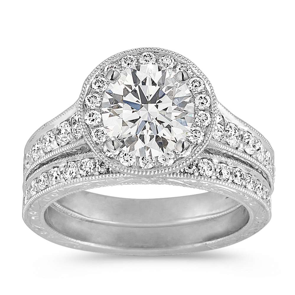 Vintage Platinum Halo Diamond Engagement Ring with Pave Setting