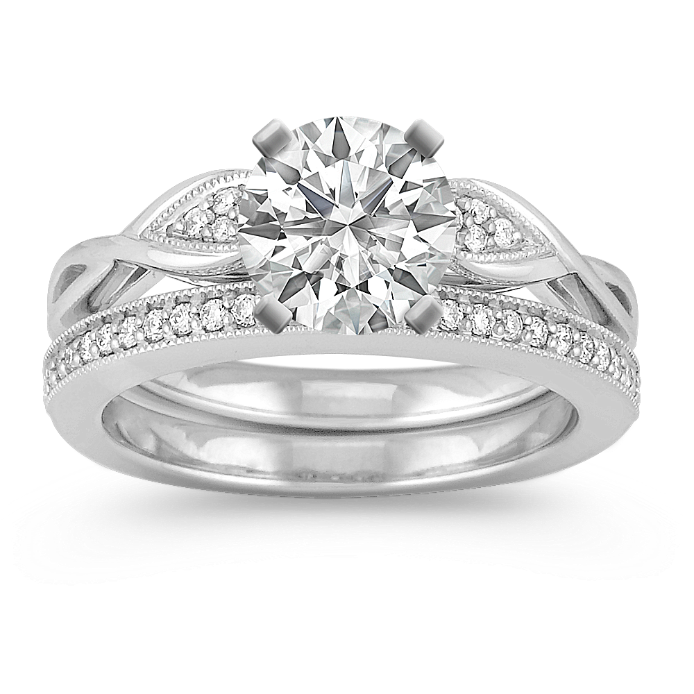 Swirl and Cluster Diamond Wedding Set with Pave Setting