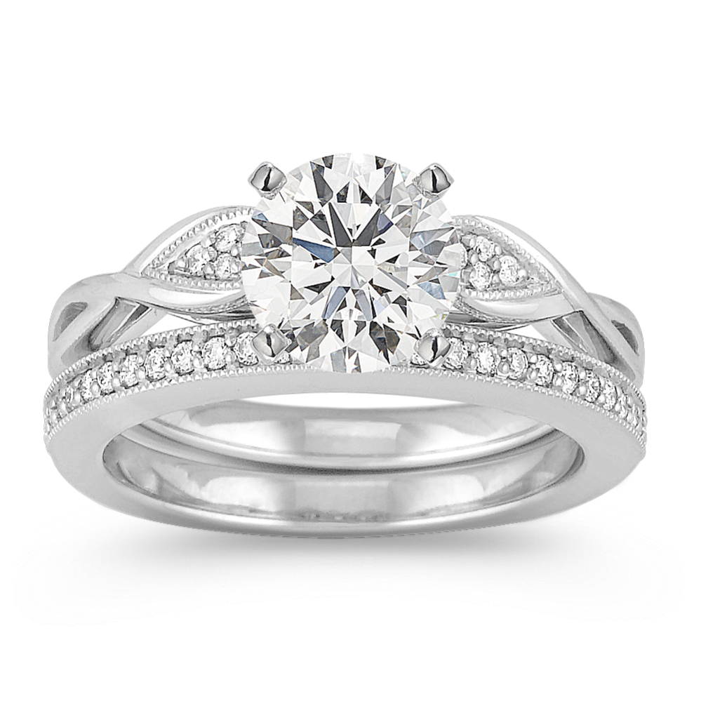 Swirl and Cluster Diamond Wedding Set with Pave Setting