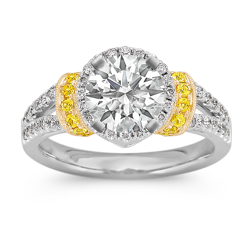 Halo Yellow Sapphire and Diamond Engagement Ring in 14k Two-Tone Gold
