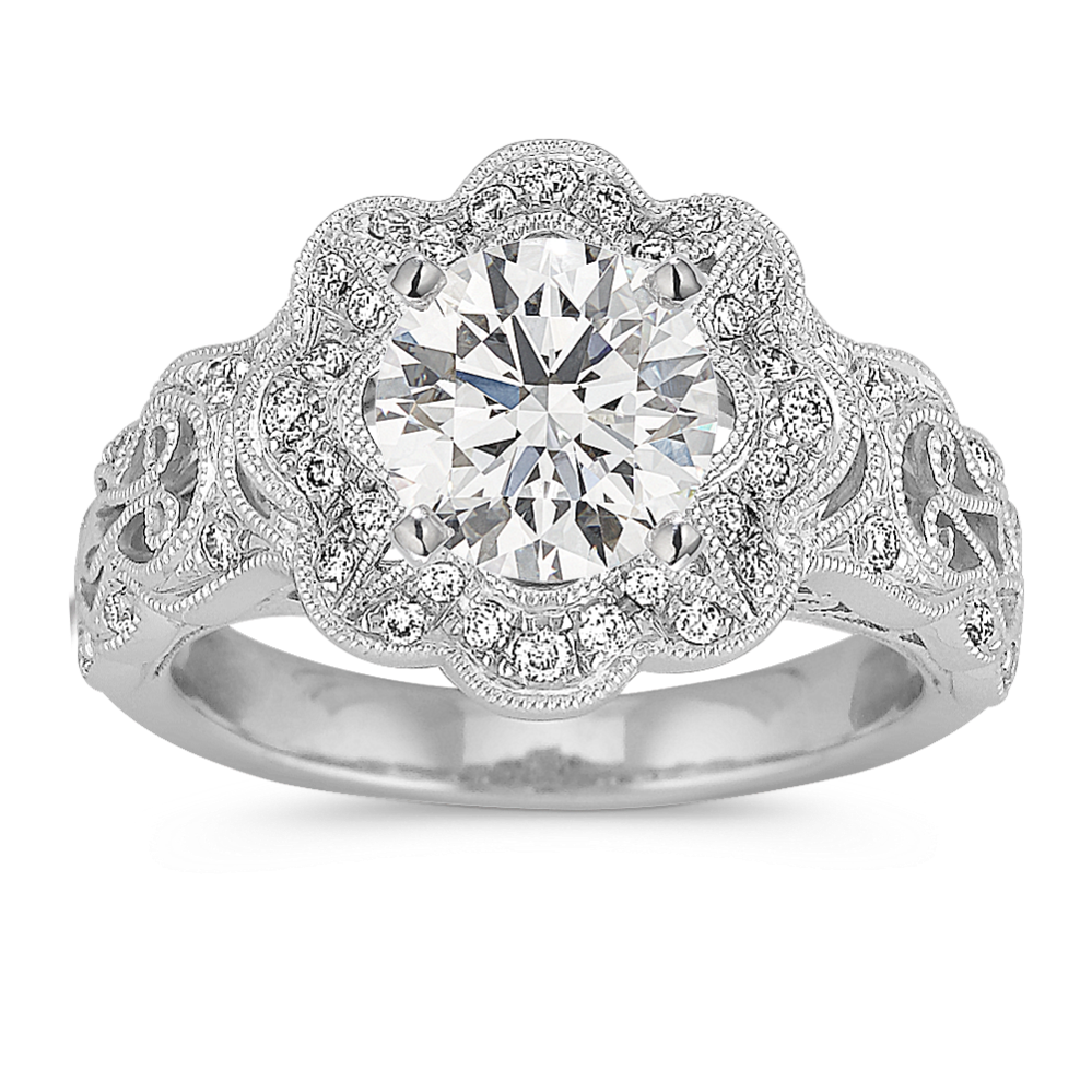 Vintage Floral Halo Diamond Engagement Ring