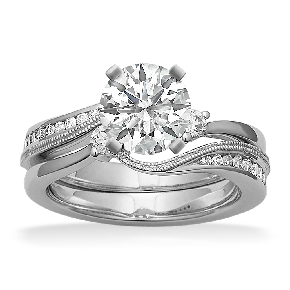 Three-Stone Diamond Swirl Wedding Set in 14k White Gold
