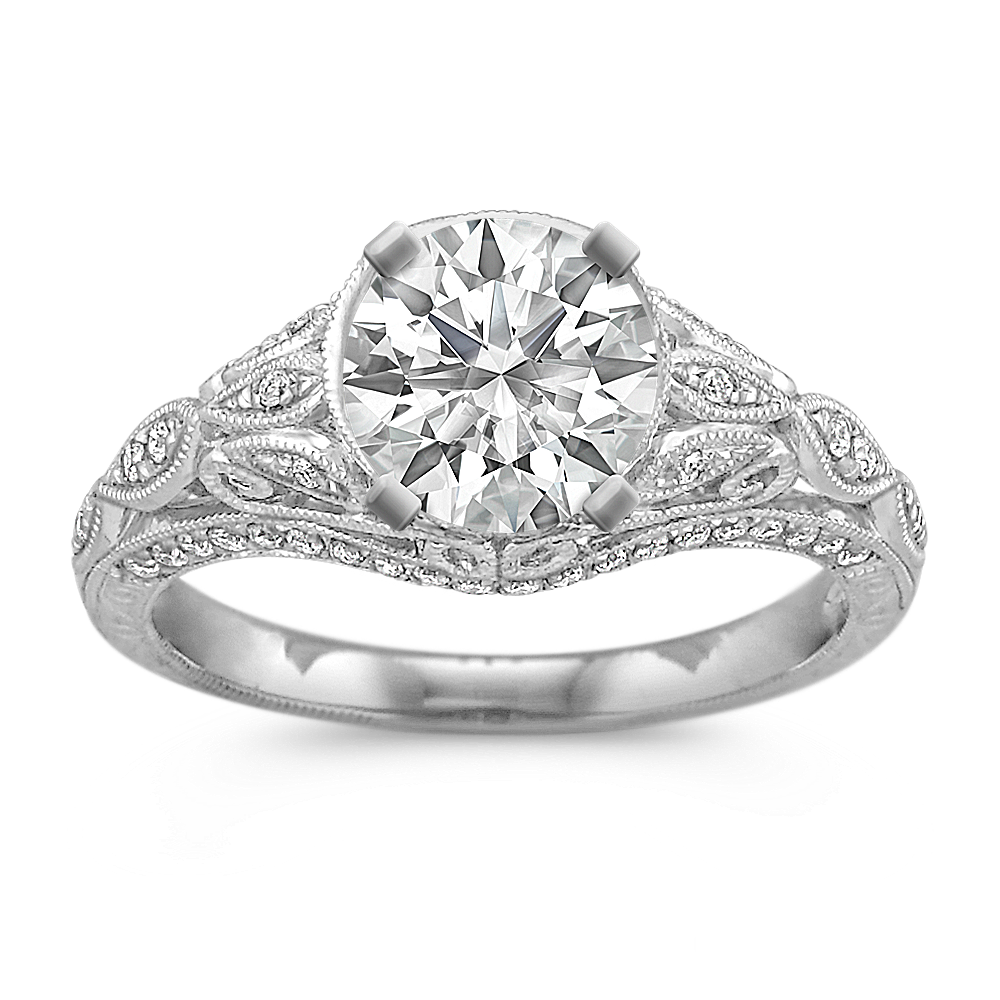 Vintage 14k White Gold Milgrain Engagement Ring Pave Set Diamonds
