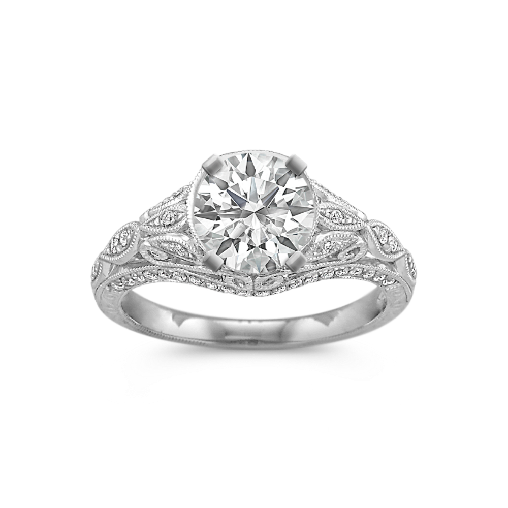Vintage 14k White Gold Milgrain Engagement Ring Pave Set Natural Diamonds