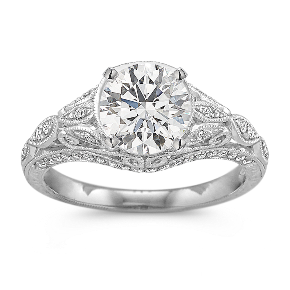 Vintage 14k White Gold Milgrain Engagement Ring Pave Set Diamonds