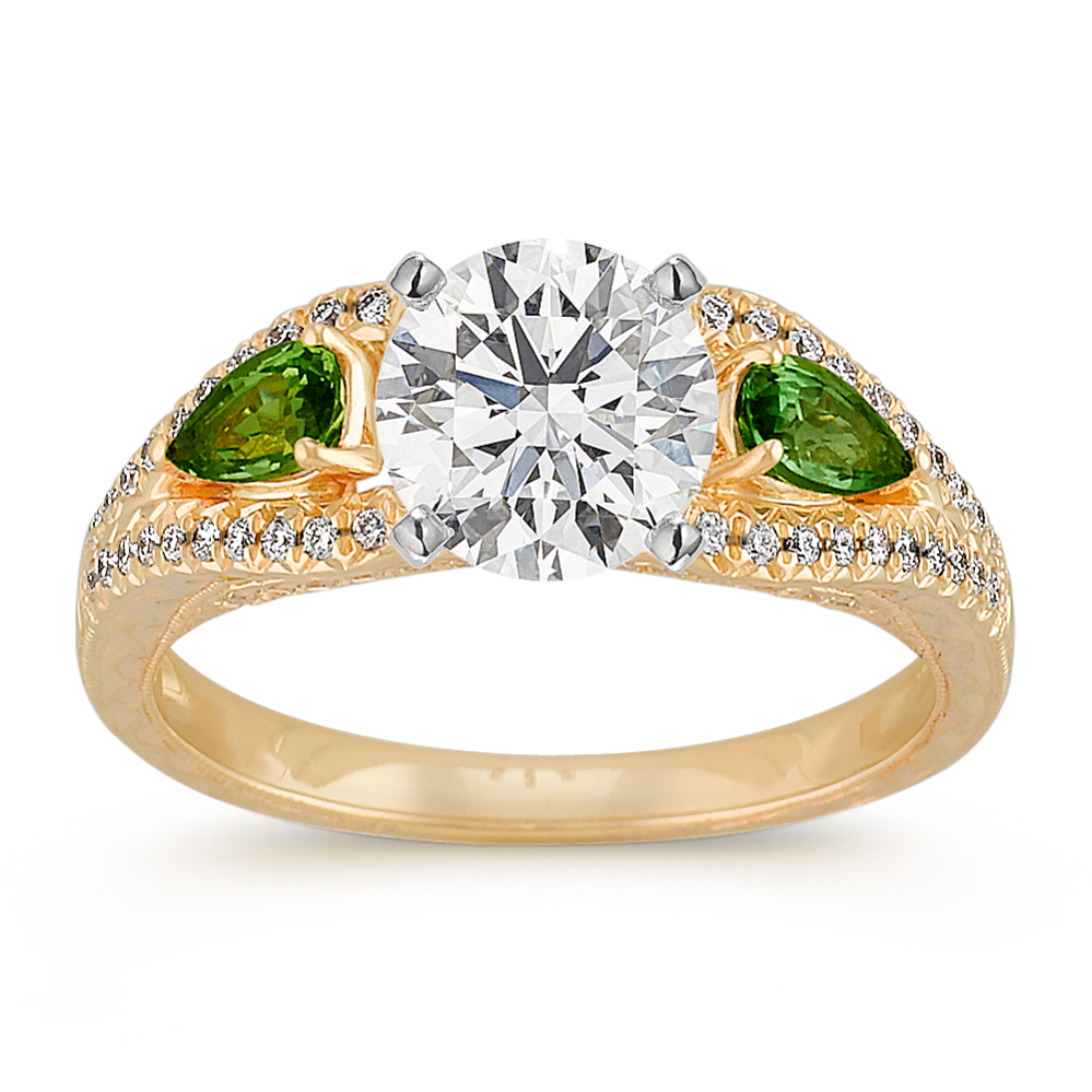 Vintage Pear-Shaped Green Sapphire and Round Diamond Engagement Ring