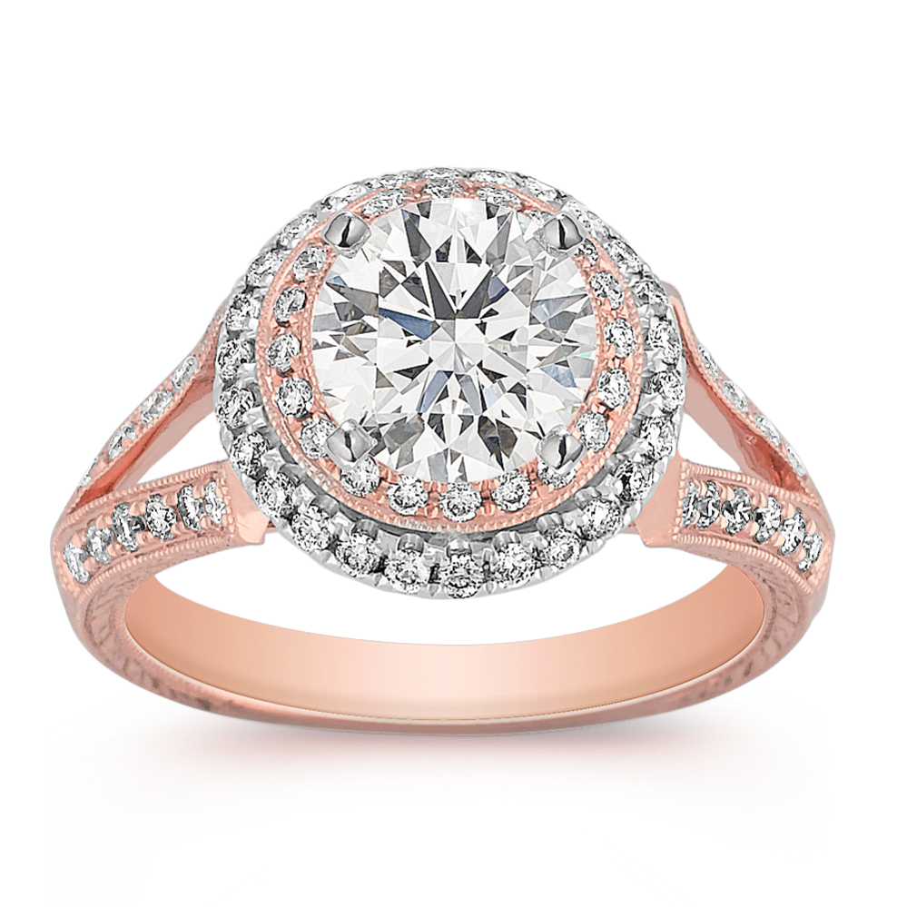 Halo Diamond Engagement Ring in Two-Tone Gold