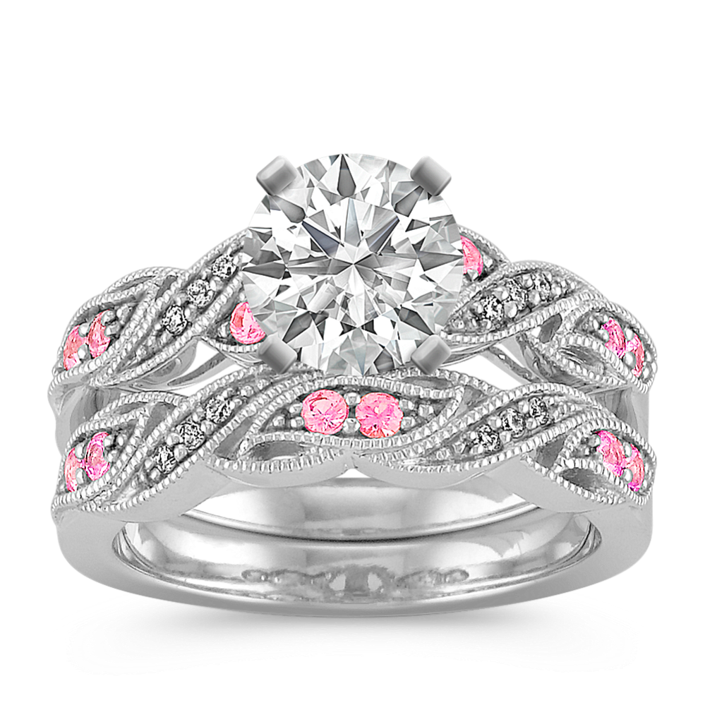 Swirl Vintage Pink Sapphire and Diamond Wedding Set
